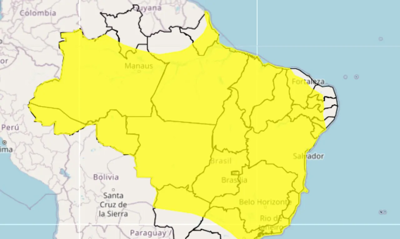 o mapa mostra as &aacute;reas em alerta para chuva intensa